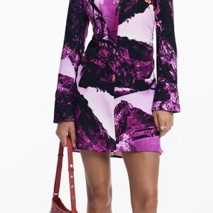 Desigual Purple and Black Sheath Dress with Notched Collar